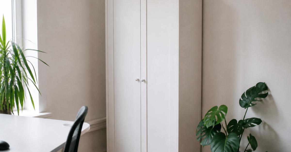 Armoire bois blanc debout contre mur bureau rangement
