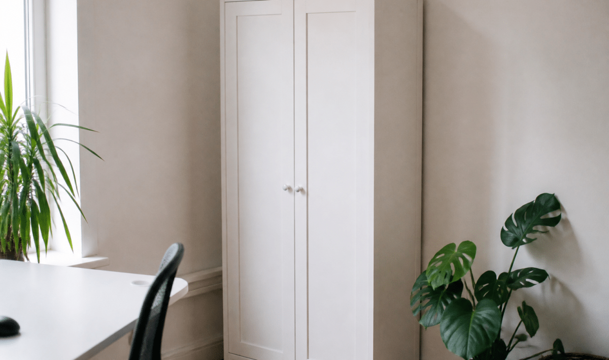 Armoire bois blanc debout contre mur bureau rangement