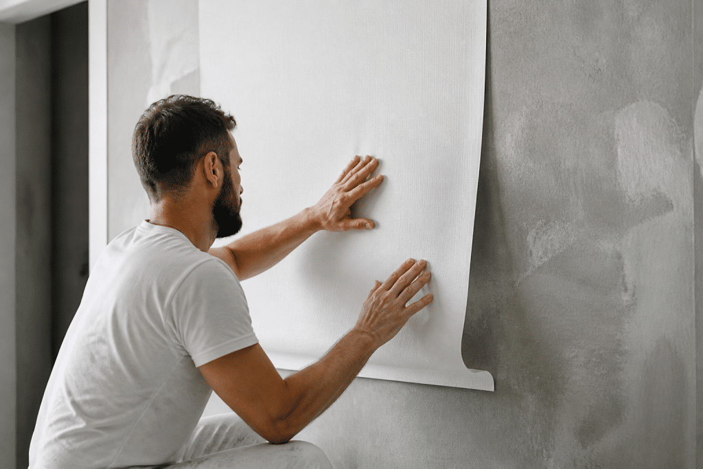 Artisan appliquant papier peint blanc sur mur gris