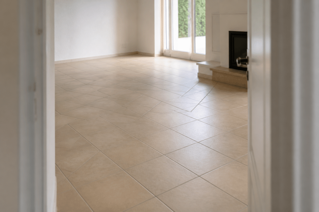 Carrelage beige posé en angle quarante-cinq degrés agrandissant visuellement pièce