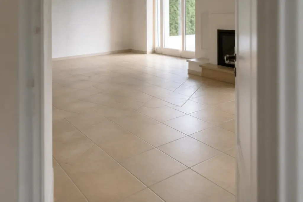 Carrelage beige posé en angle quarante-cinq degrés agrandissant visuellement pièce