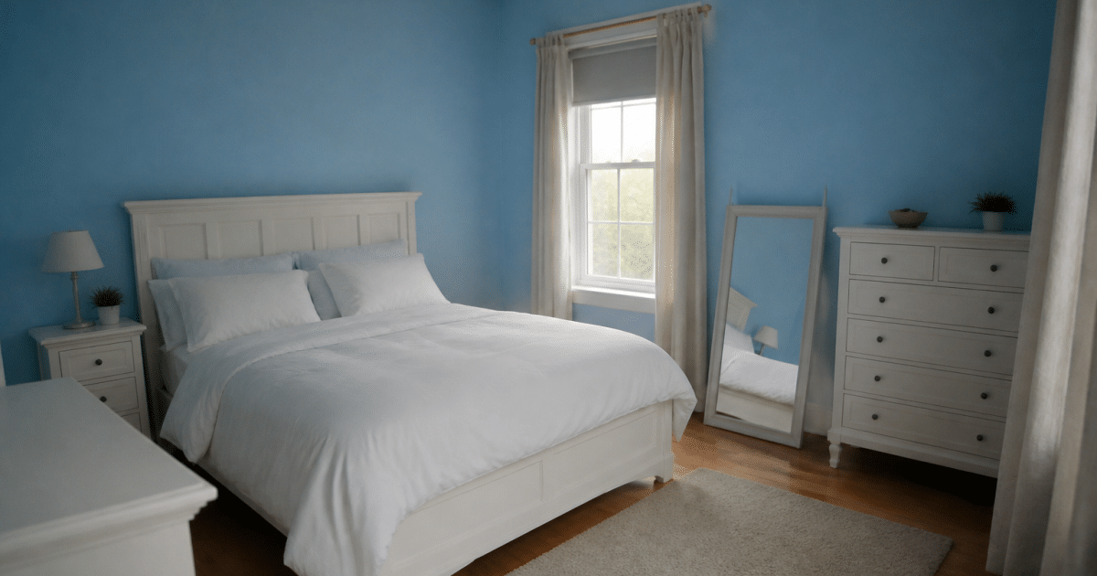 Chambre spacieuse aux murs peints bleu clair avec mobilier blanc
