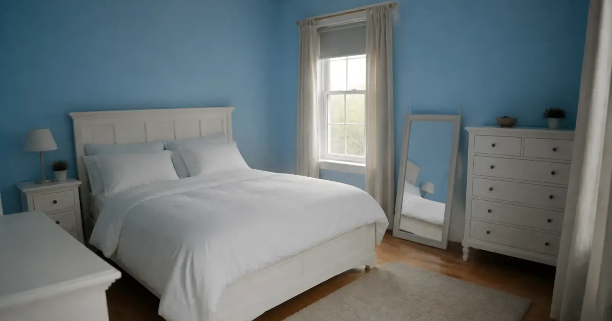 Chambre spacieuse aux murs peints bleu clair avec mobilier blanc