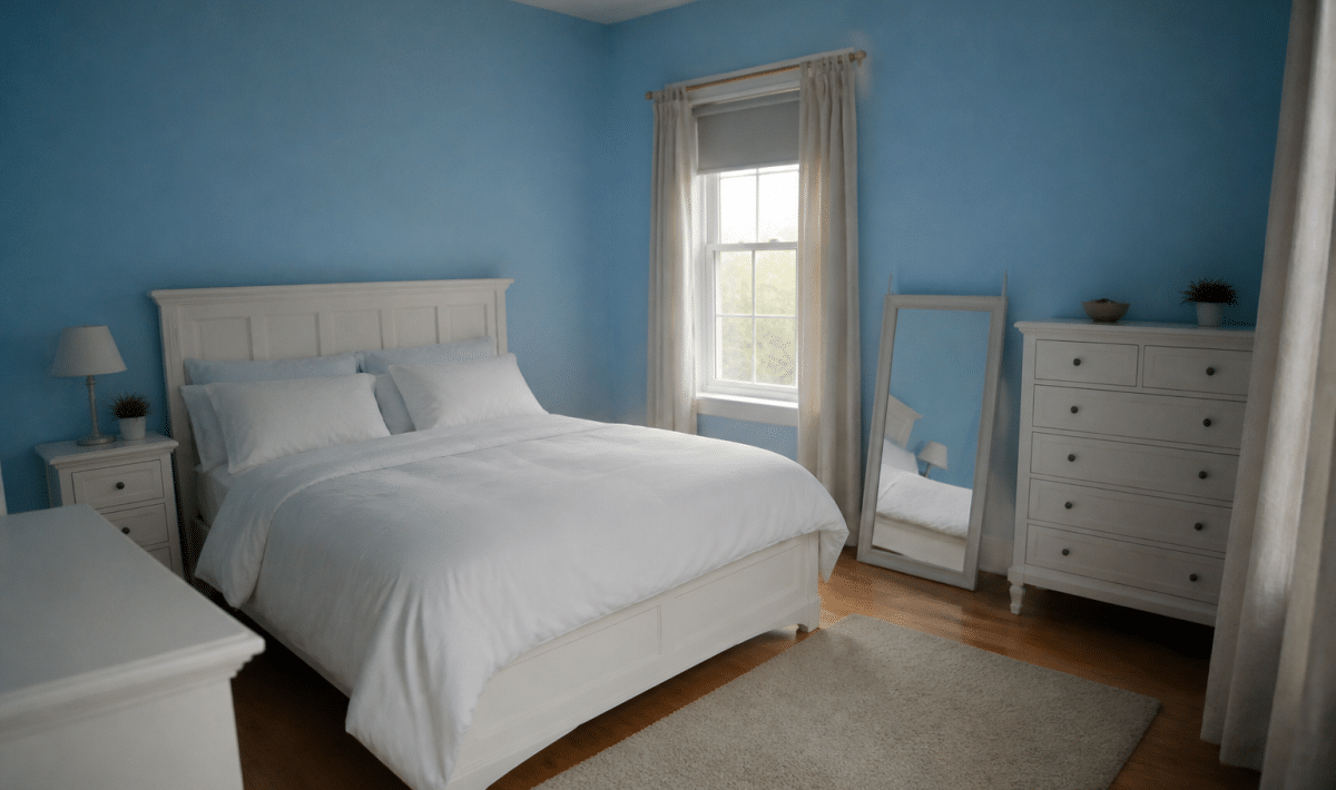 Chambre spacieuse aux murs peints bleu clair avec mobilier blanc
