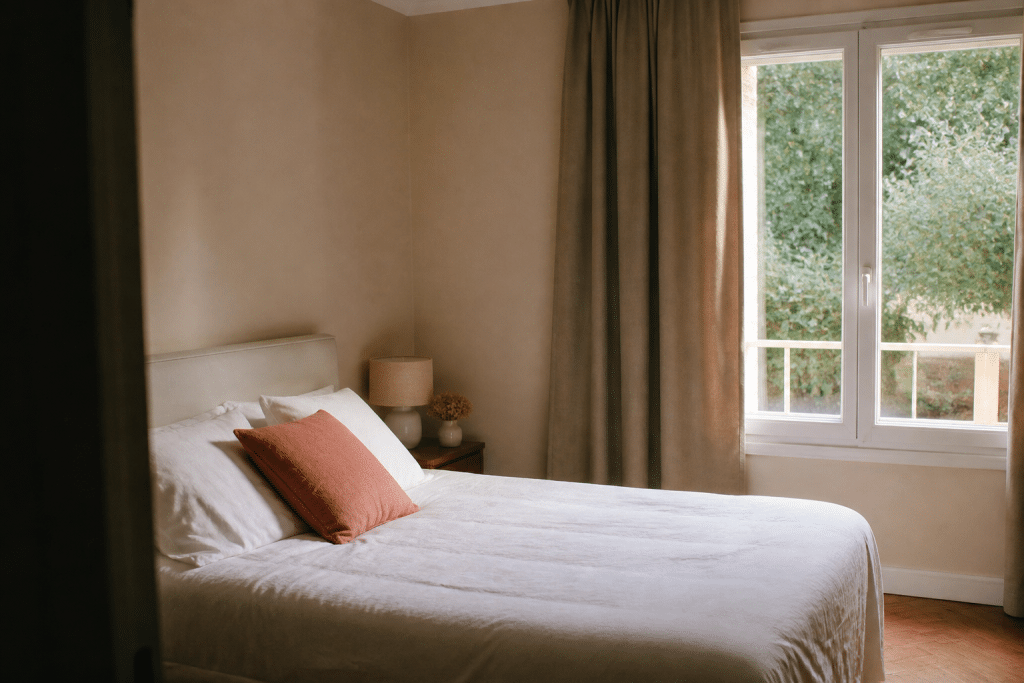 Chambre aux murs beiges, lit blanc, rideau taupe, coussin corail