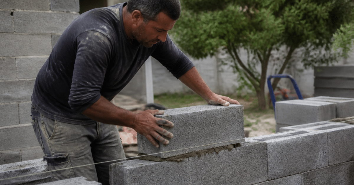 Maçon empilant des blocs gris horizontalement pour construire mur
