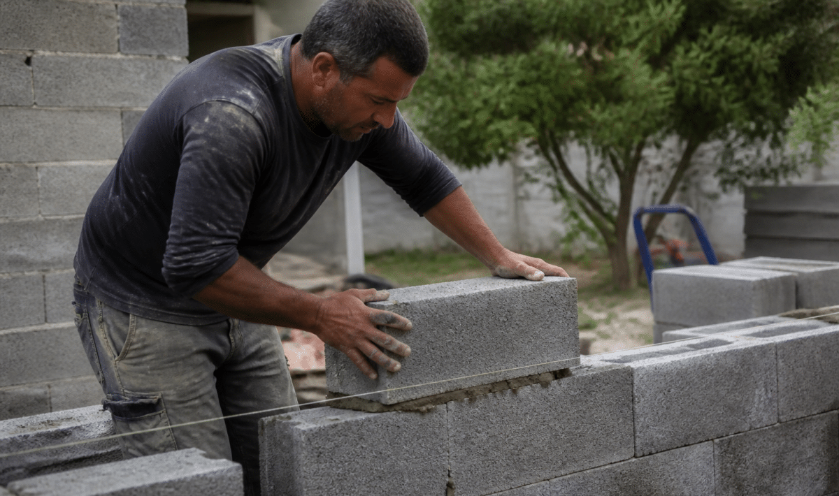 Maçon empilant des blocs gris horizontalement pour construire mur