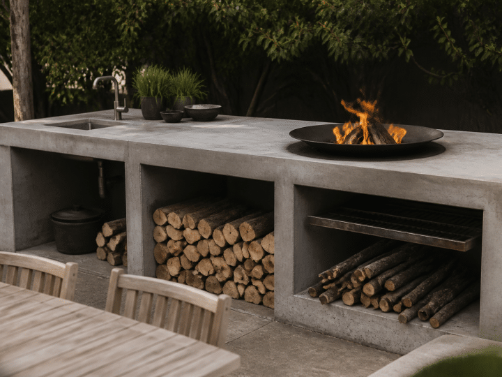 Cuisine exterieure en beton avec plan de travail et foyer integres