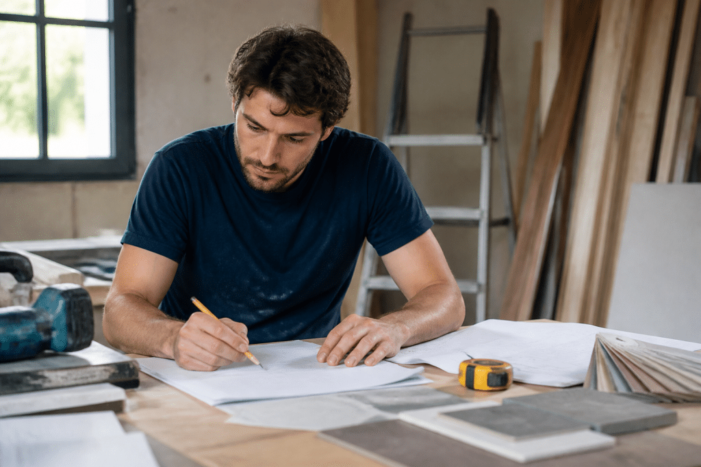Artisan calculant devis avec outils et materiau visible