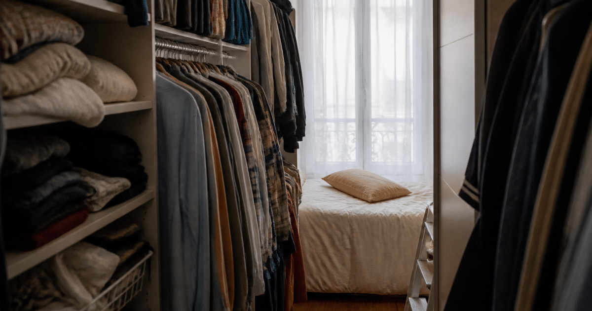 Vetements organises sur portants et etageres dans chambre etroite