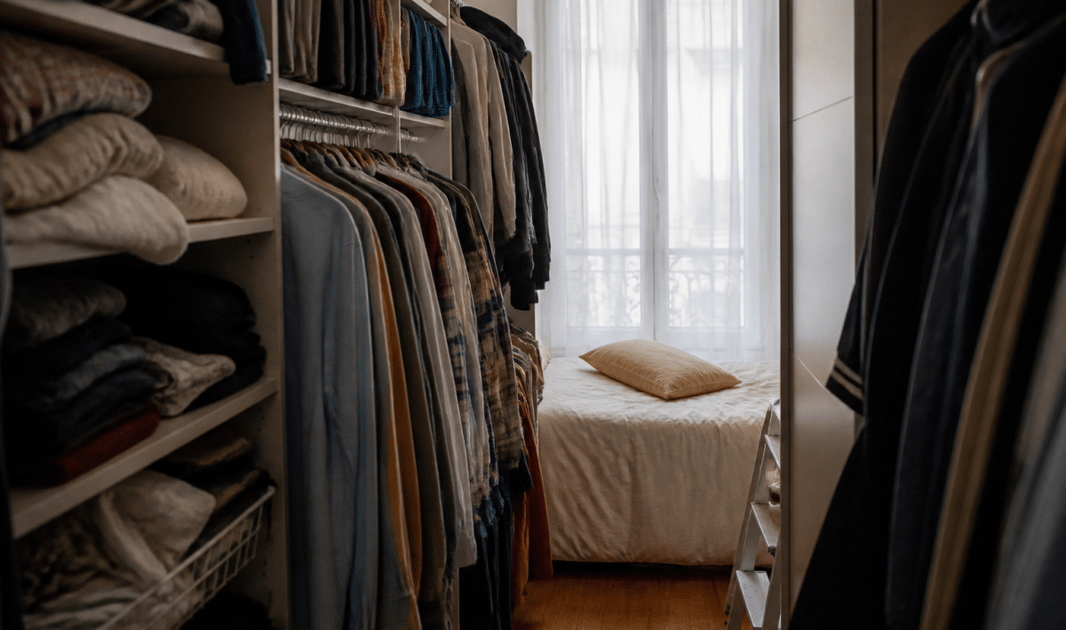 Vetements organises sur portants et etageres dans chambre etroite