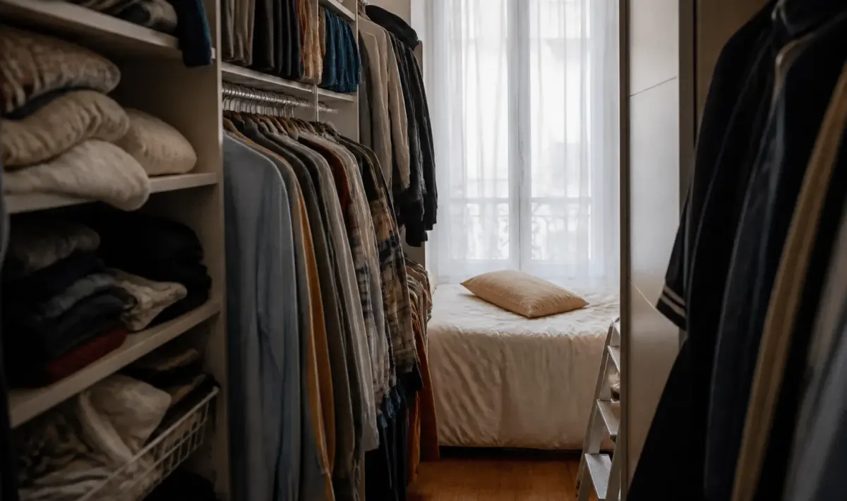 Vetements organises sur portants et etageres dans chambre etroite