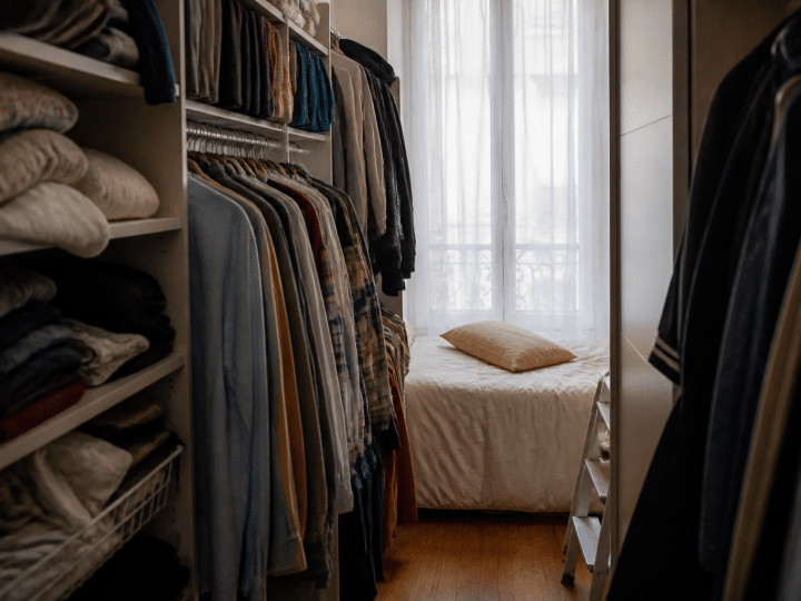 Vetements organises sur portants et etageres dans chambre etroite