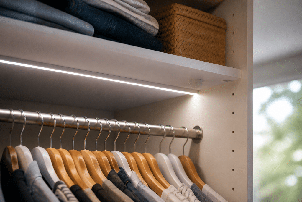 Ruban LED blanc sous etageres dressing avec detecteur mouvement