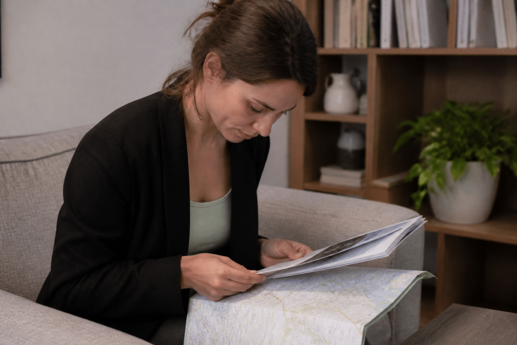 Personne consultant documents et carte quartier avant achat immobilier