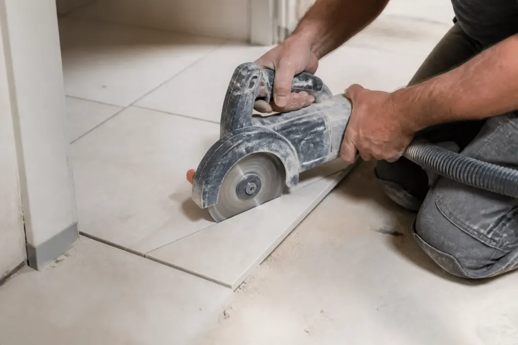 Sciage de carrelage en bordure avec disque diamant brillant.