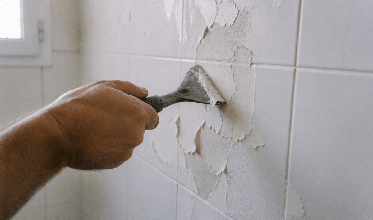 Grattoir enleve couche peinture carrelage mur blanc