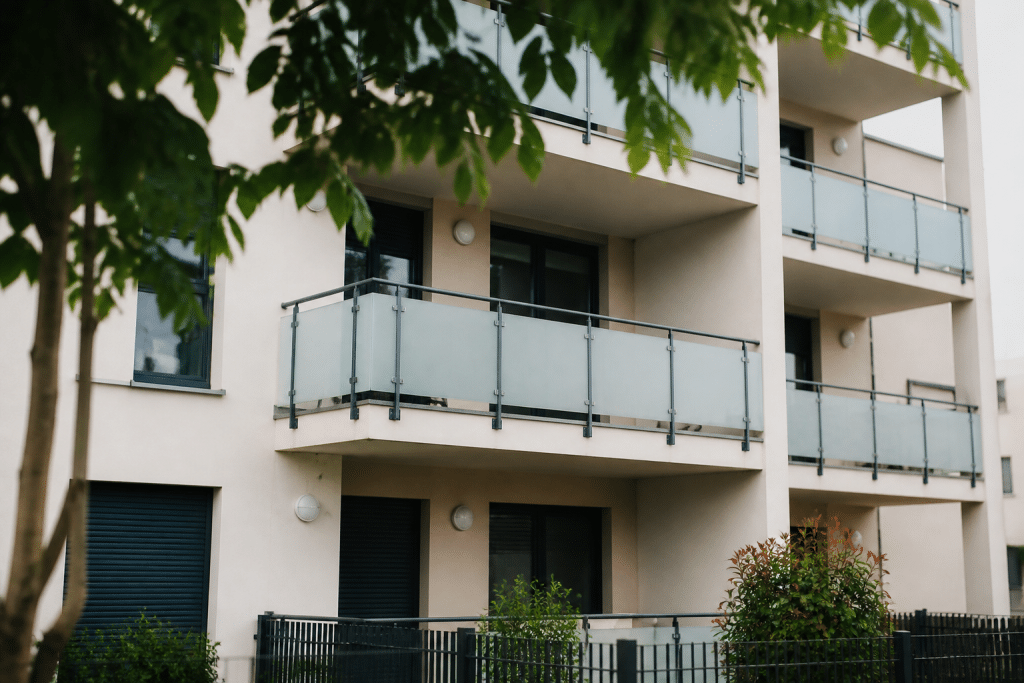 Facades d'immeubles residentiels avec panneaux prix affichés