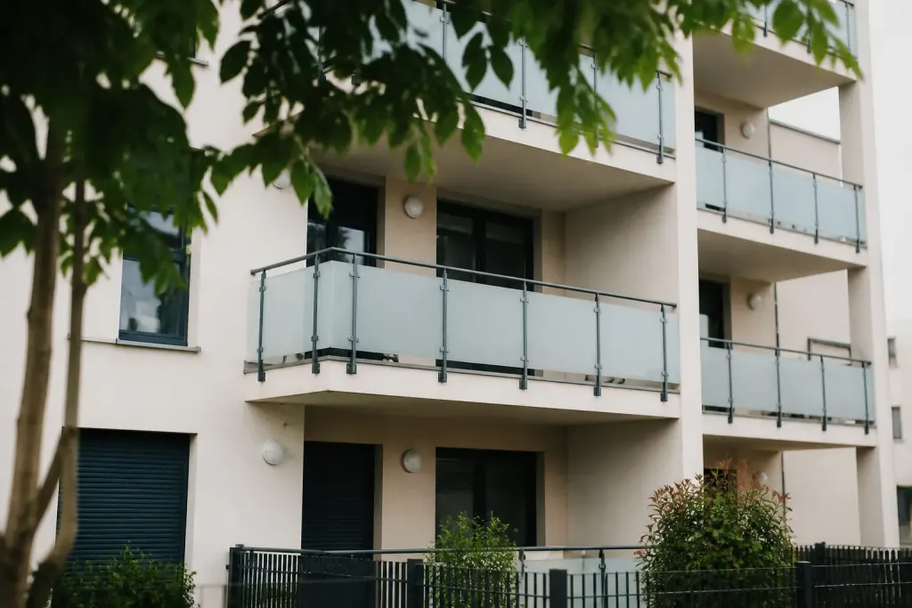 Facades d'immeubles residentiels avec panneaux prix affichés