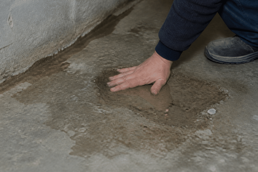 Main appuyant sur sous-sol humide révélant zone molle