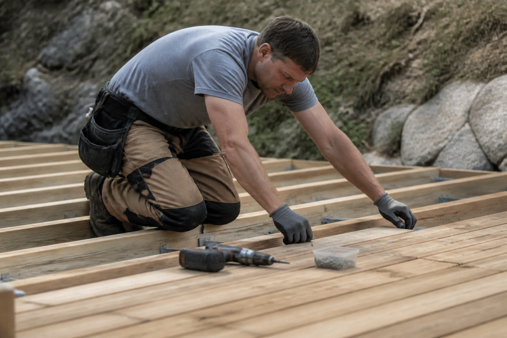 Ouvrier fixant planches bois parallèles sur structure