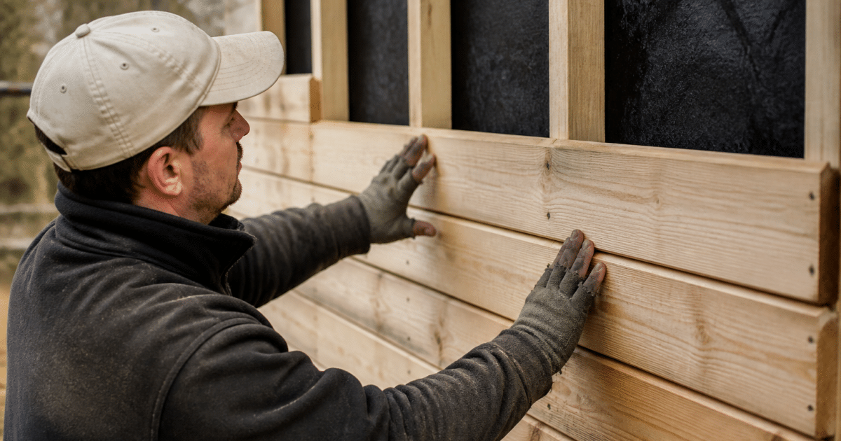 Ouvrier installant planches bois horizontales sur structure support