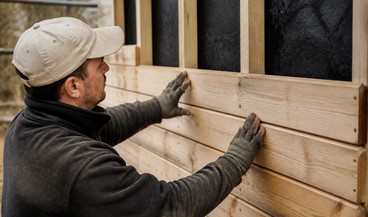 Ouvrier installant planches bois horizontales sur structure support