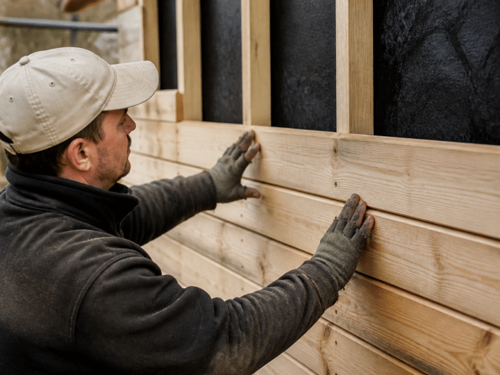 Ouvrier installant planches bois horizontales sur structure support