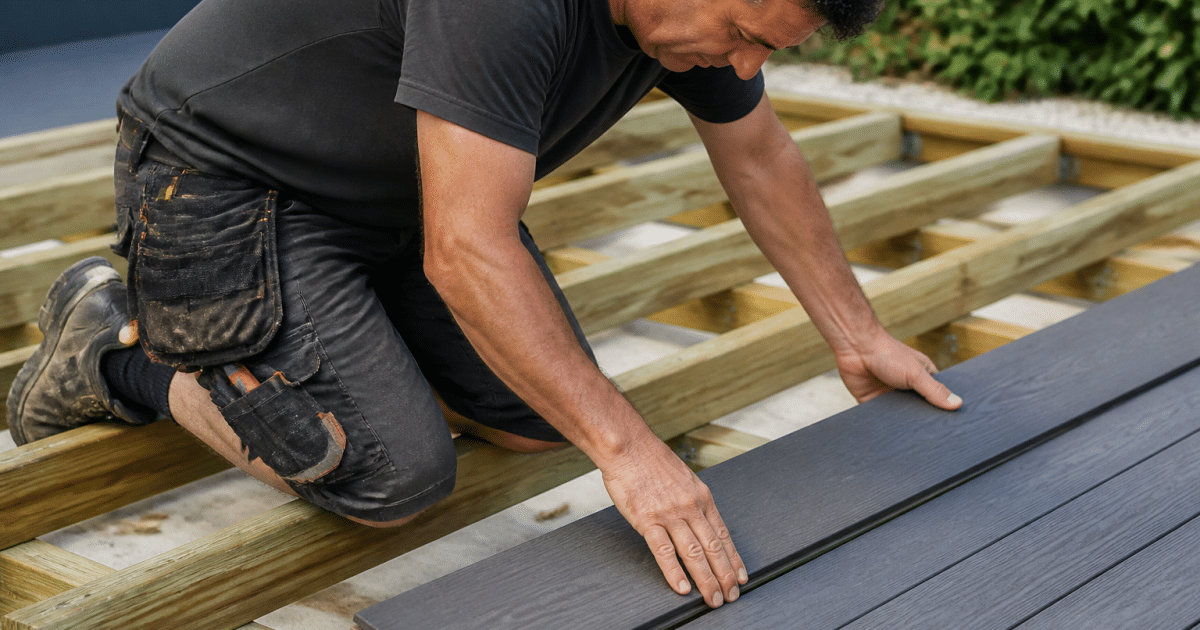 Ouvrier installant lames composites grises sur structure bois