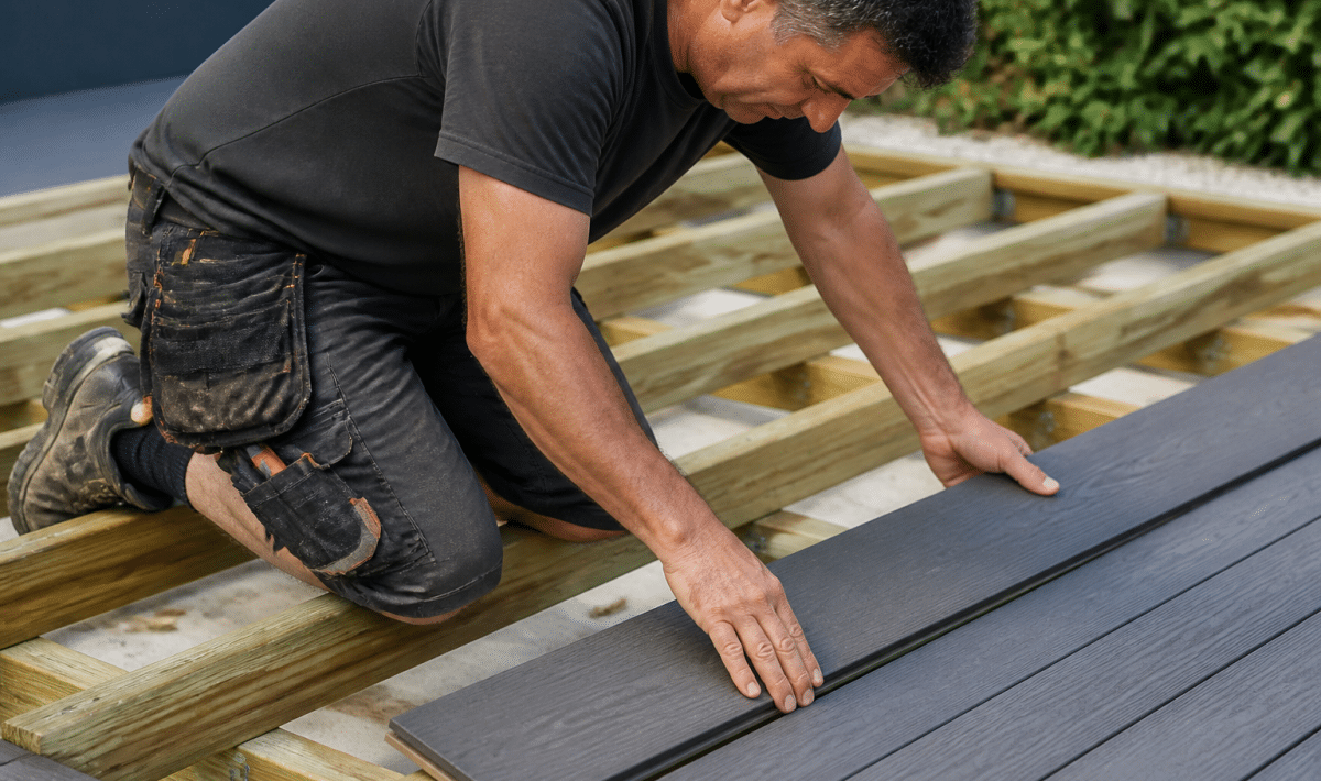 Ouvrier installant lames composites grises sur structure bois