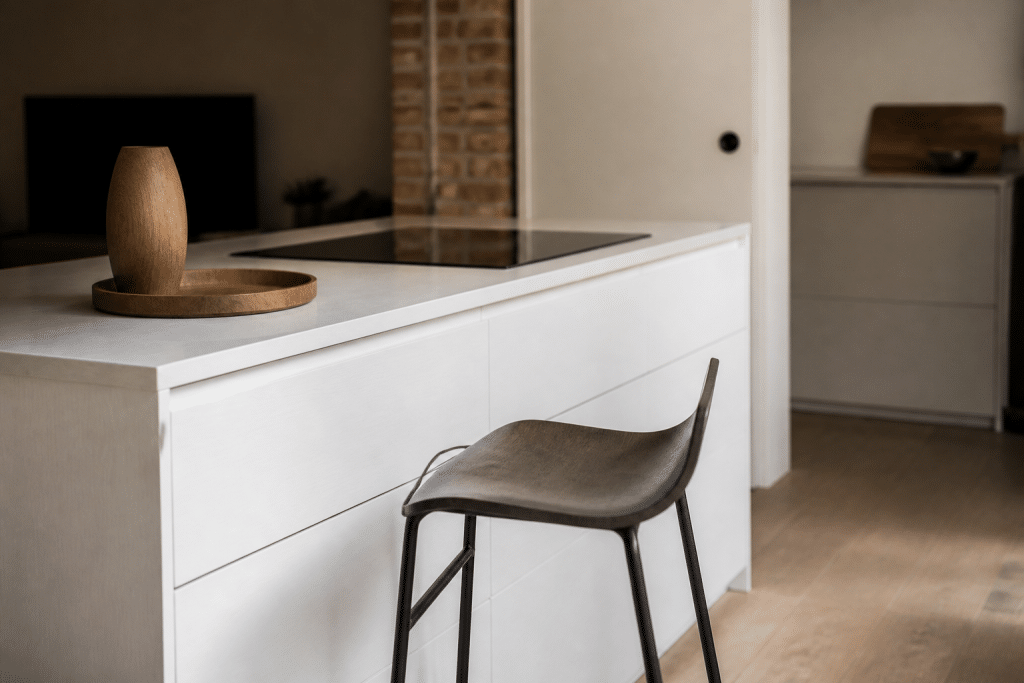 Surfaces bois naturel blanc laque metal contrastees