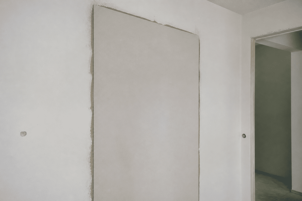 Mur lisse blanc avec plaque de plâtre fixée à la colle