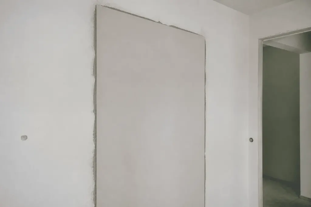 Mur lisse blanc avec plaque de plâtre fixée à la colle