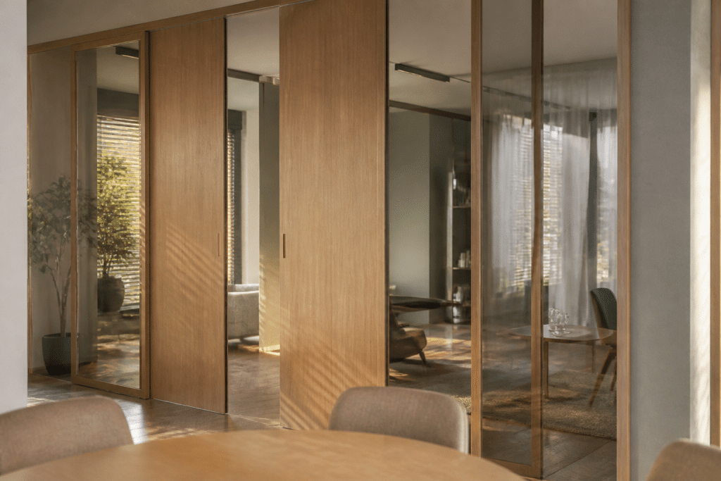 Panneaux de separation coulissants en verre et bois installes