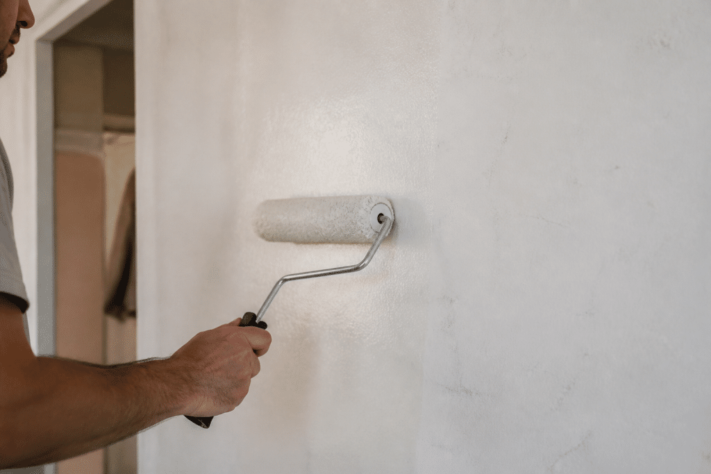 Rouleau colle appliquee sur mur blanc avant pose papier
