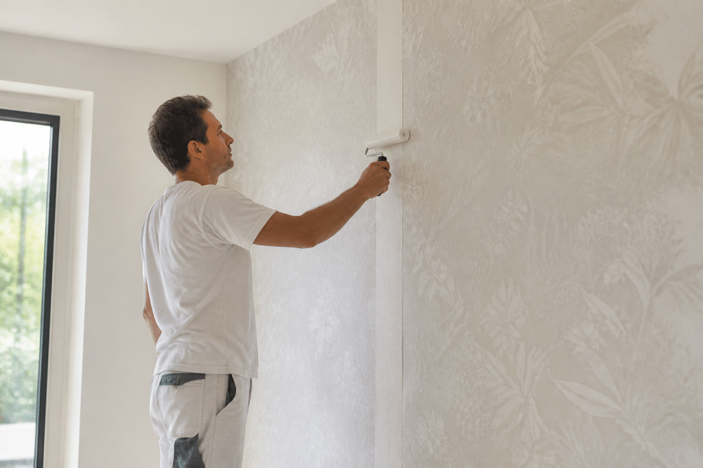 Ouvrier appliquant papier peint avec rouleau joint