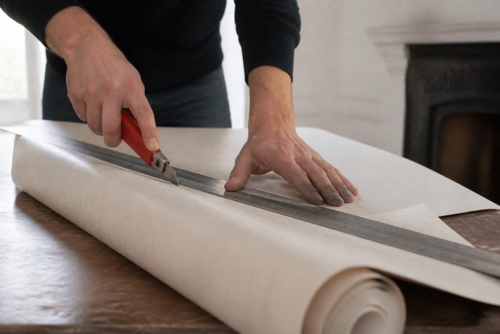 Rouleau de papier peint mesuré et coupé au cutter sur table