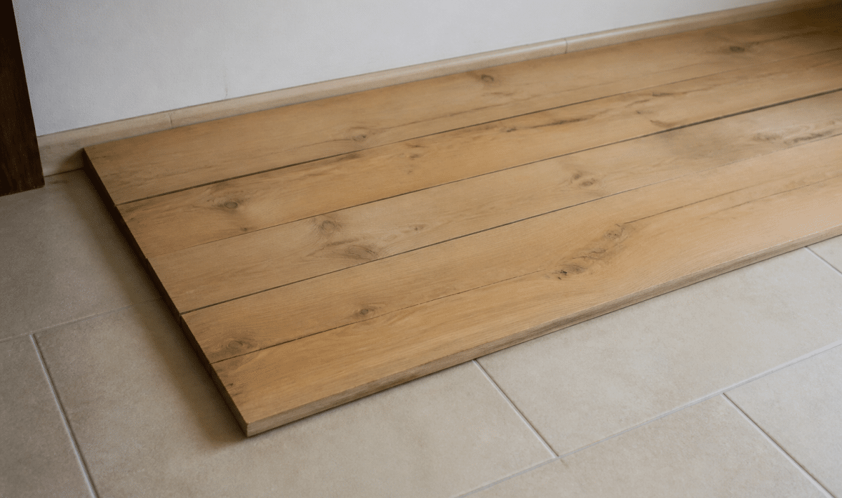 Planches de bois posees directement sur carrelage beige au sol