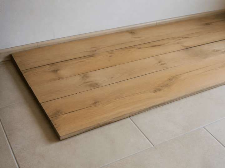 Planches de bois posees directement sur carrelage beige au sol