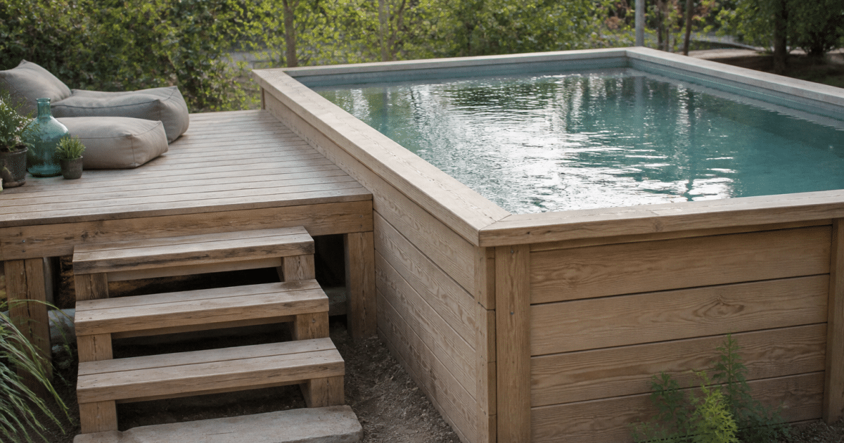 Bassin rectangulaire sureleve en bois avec escaliers et plate-forme adjacente