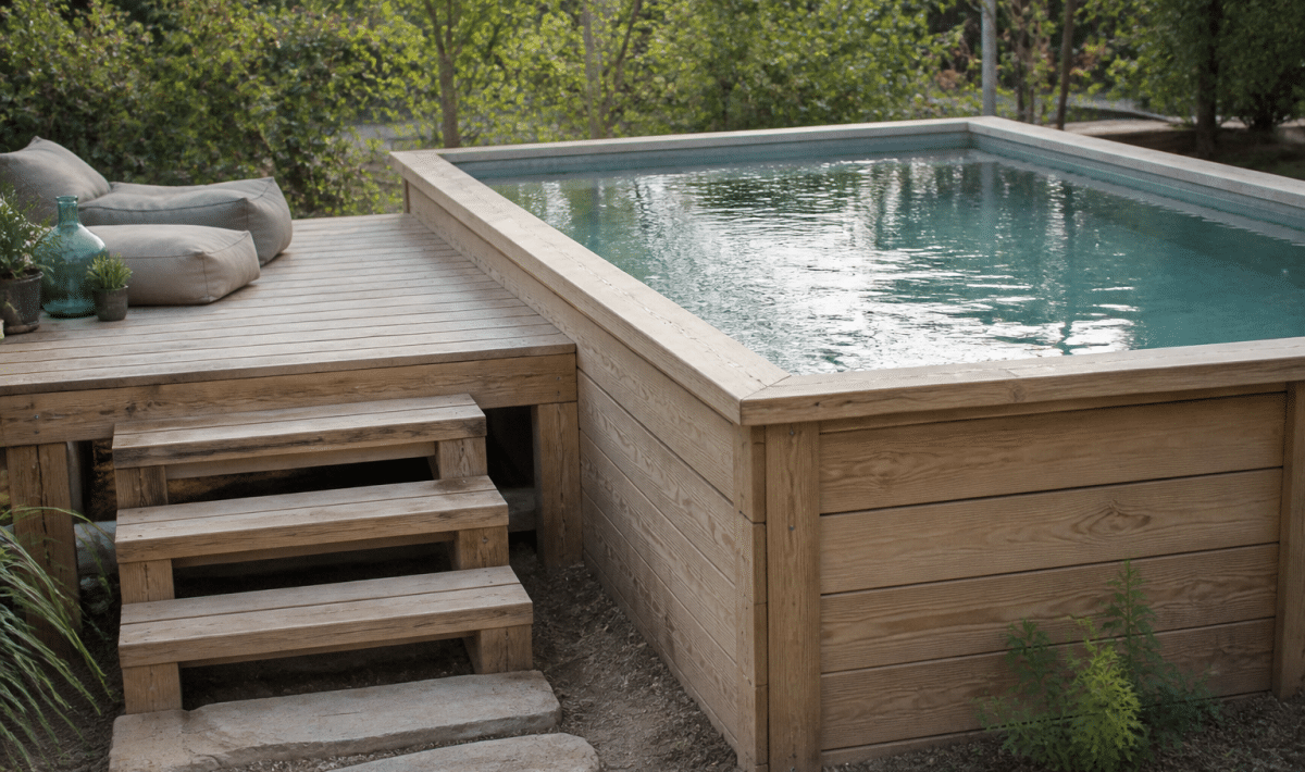Bassin rectangulaire sureleve en bois avec escaliers et plate-forme adjacente