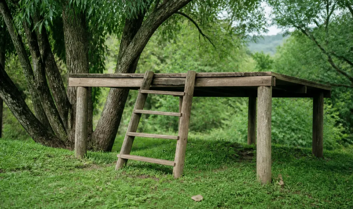 Plateforme surélevée en bois soutenue par des poteaux verticaux