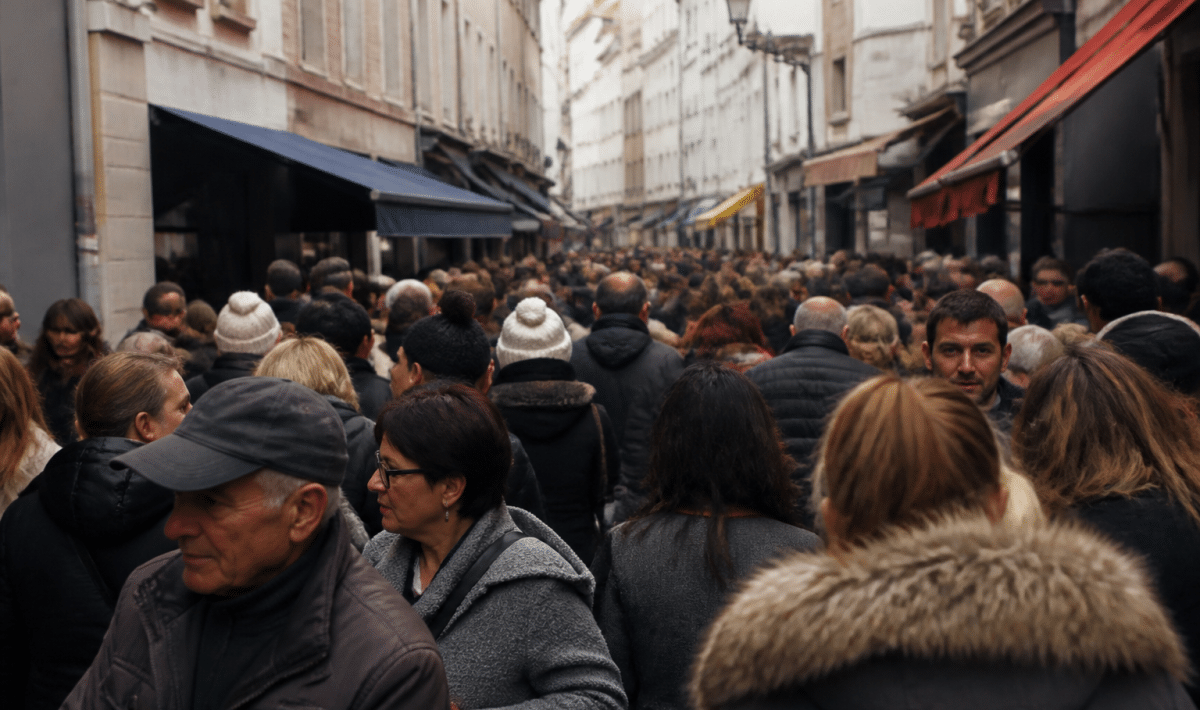 Population urbaine de Tarbes representee par silhouettes groupees densement