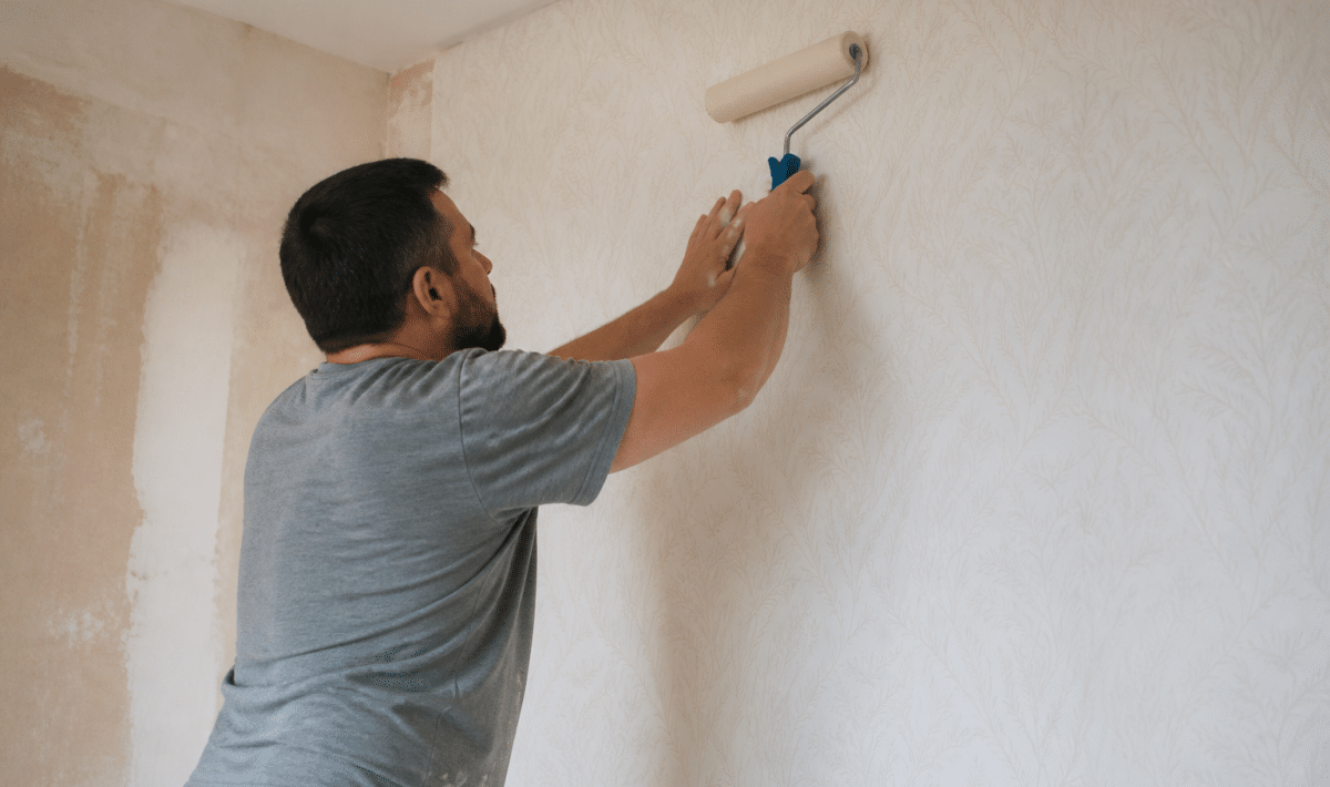 Ouvrier colle papier peint mur vertical avec rouleau