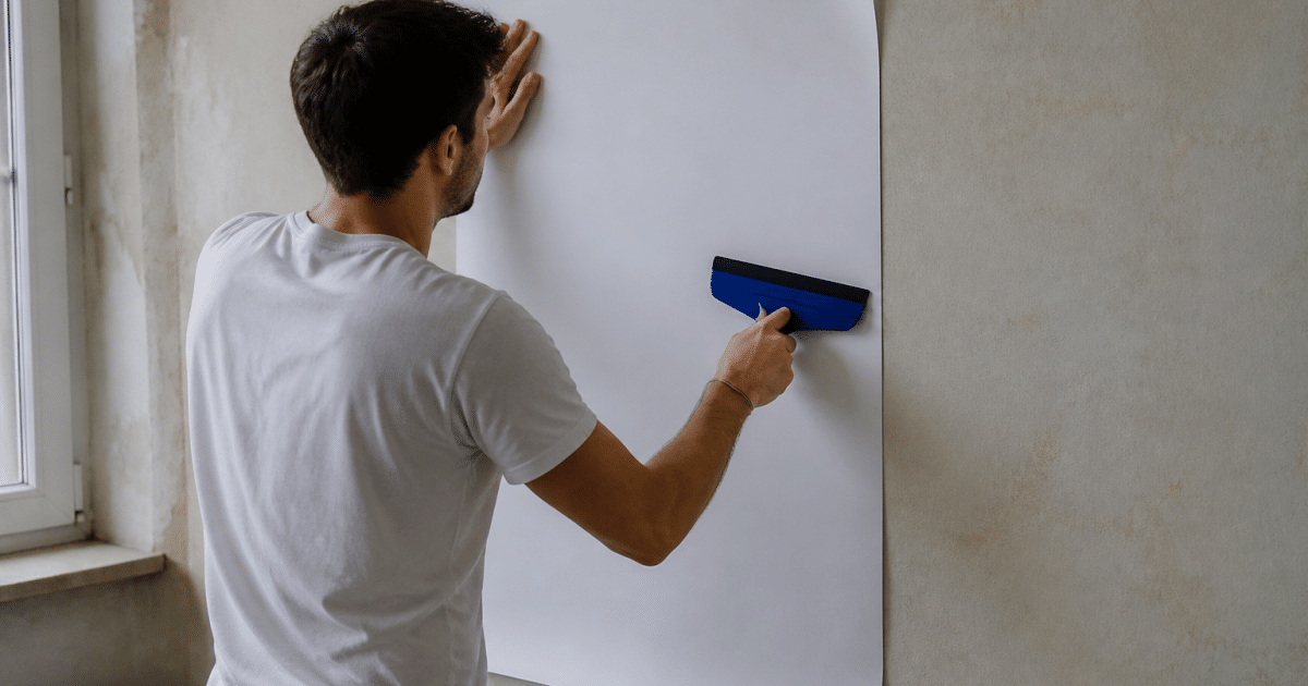 Homme collant feuille blanche sur mur avec raclette