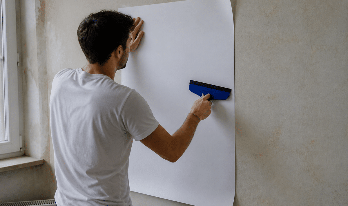 Homme collant feuille blanche sur mur avec raclette