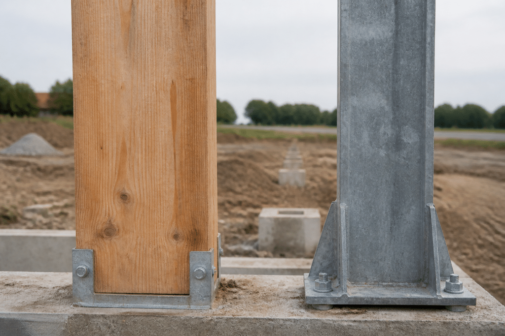 Poteaux de bois lamellé-collé et poutre acier galvanisé comparés
