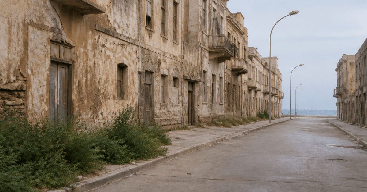 Rues desertes de ville côtiere avec batiments anciens délabres