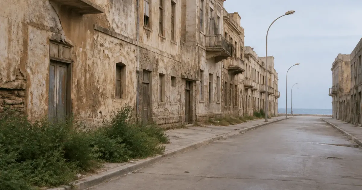 Rues desertes de ville côtiere avec batiments anciens délabres