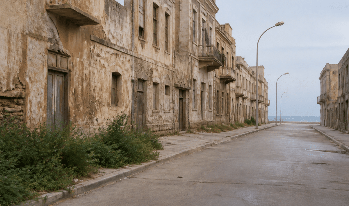 Rues desertes de ville côtiere avec batiments anciens délabres